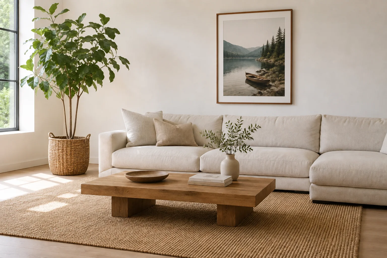 Minimalist living room with neutral sofa, wooden coffee table, and simple decor