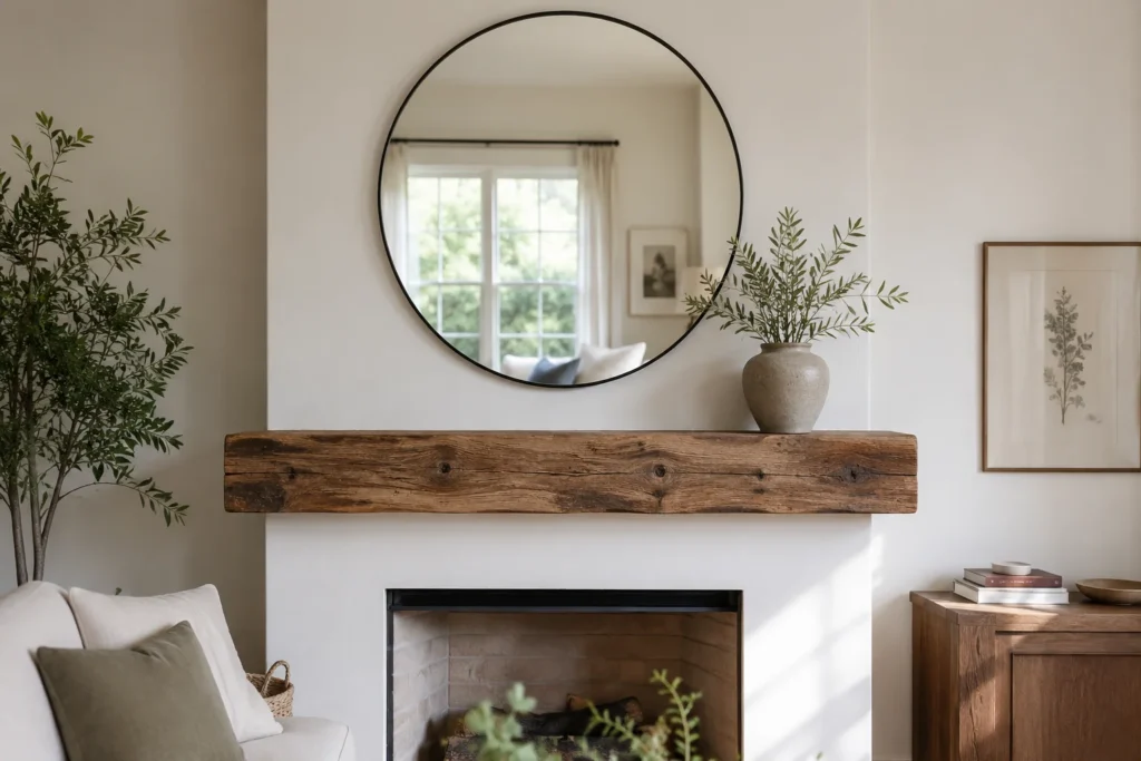 Large mirror styled above a reclaimed wood fireplace mantel