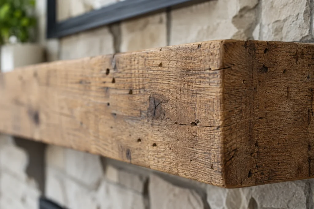 Close-up of reclaimed wood grain and texture on a fireplace mantel shelf