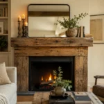Reclaimed wooden fireplace mantel styled with candles and a mirror in a cozy living room