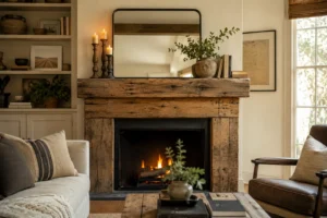 Reclaimed wooden fireplace mantel styled with candles and a mirror in a cozy living room