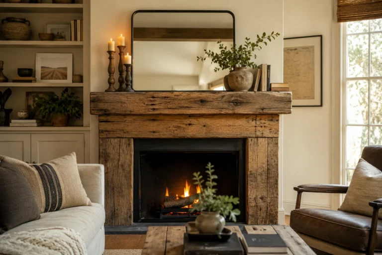 Reclaimed wooden fireplace mantel styled with candles and a mirror in a cozy living room