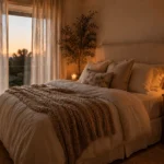 Romantic warm and cozy bedroom with soft neutral bedding, warm lighting, and layered textures
