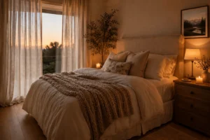 Romantic warm and cozy bedroom with soft neutral bedding, warm lighting, and layered textures