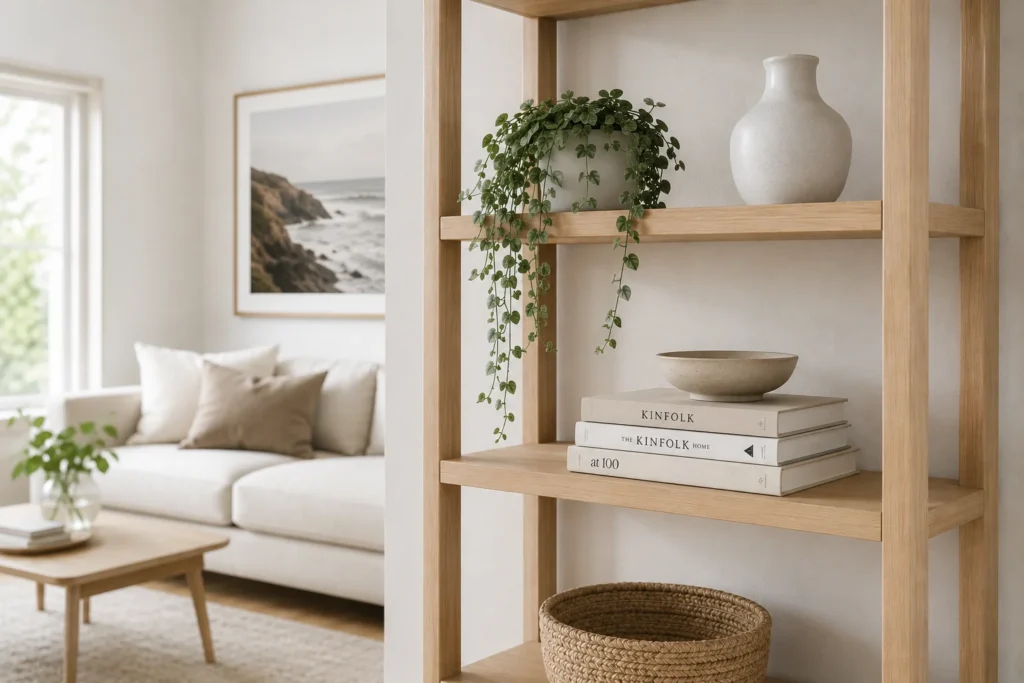 Scandinavian style shelf styled with light wood plant and ceramic vase