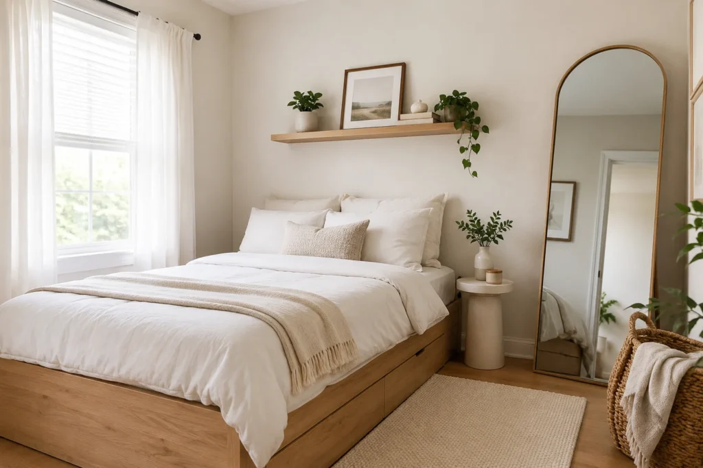 Small bedroom decorated with space-saving furniture and a leaning mirror