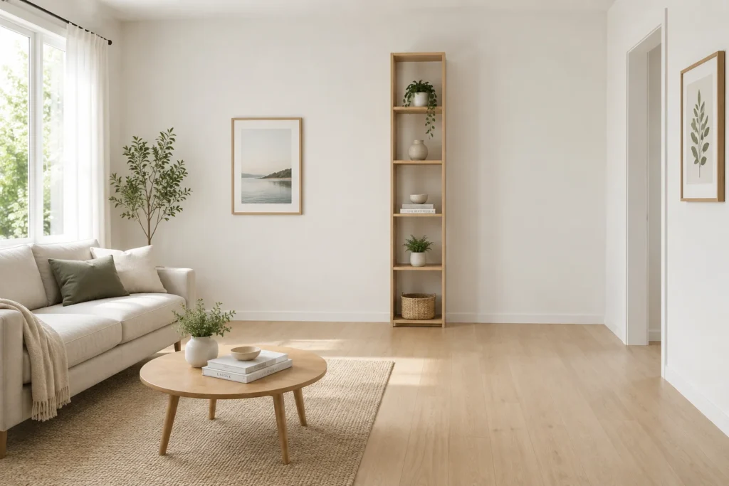 Vertical shelving unit styled for a small living room with light colors