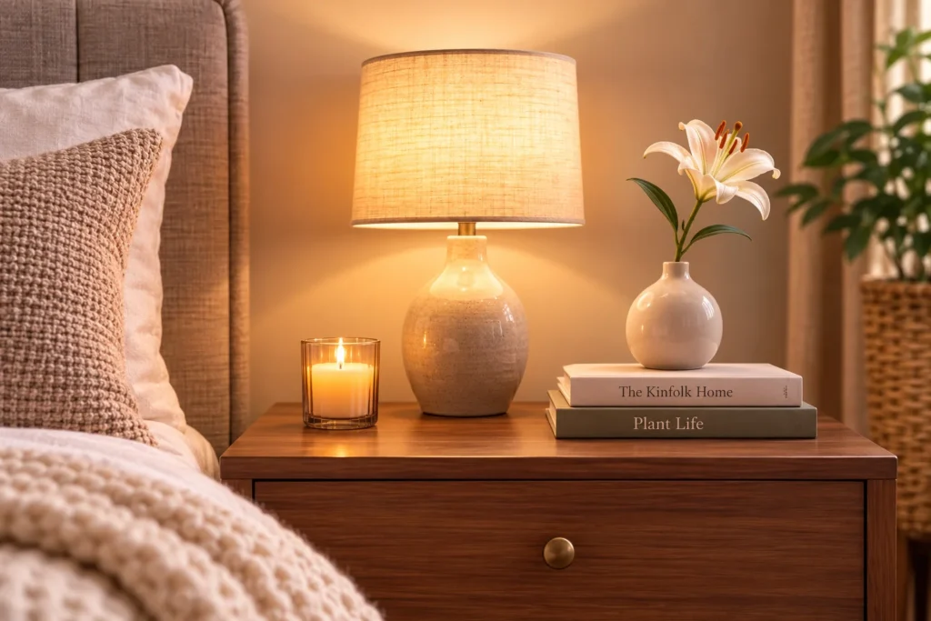 Warm bedside lamp and candle styling on a bedroom nightstand