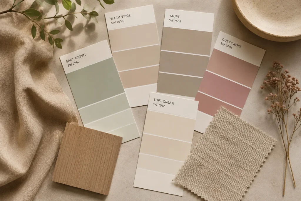 Warm neutral bedroom color palette with beige, taupe, and sage green tones
